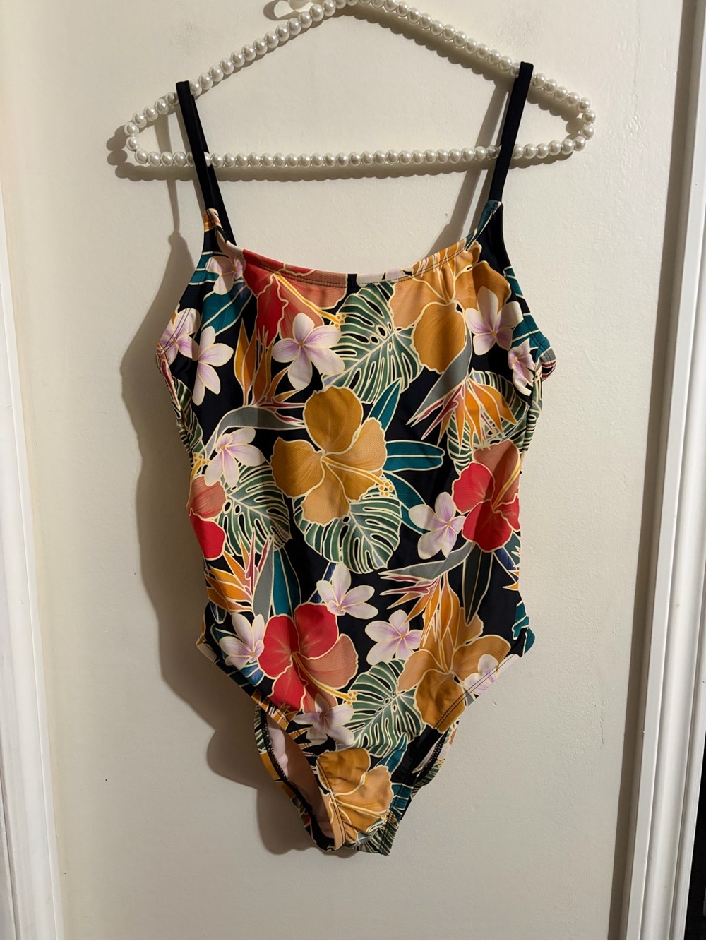 Hurley Black Floral One-Piece Swimsuit with Red, Yellow and Green Accents